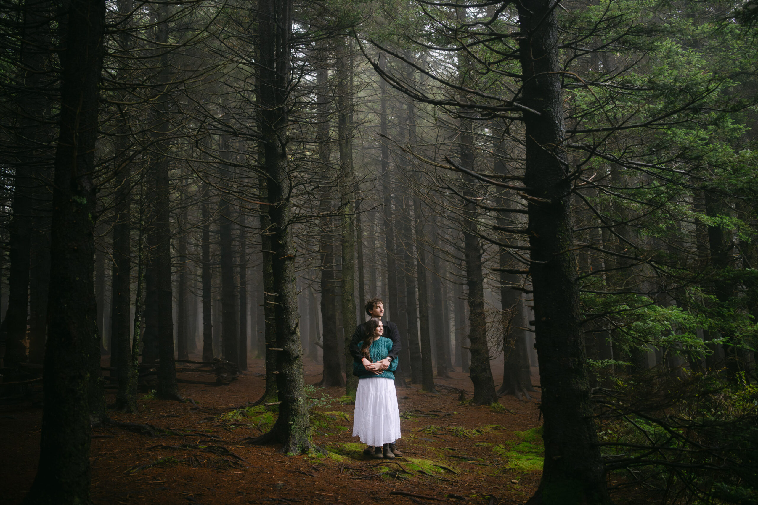 Moody foggy forest engagement session at Black Balsam Knob in Asheville NC