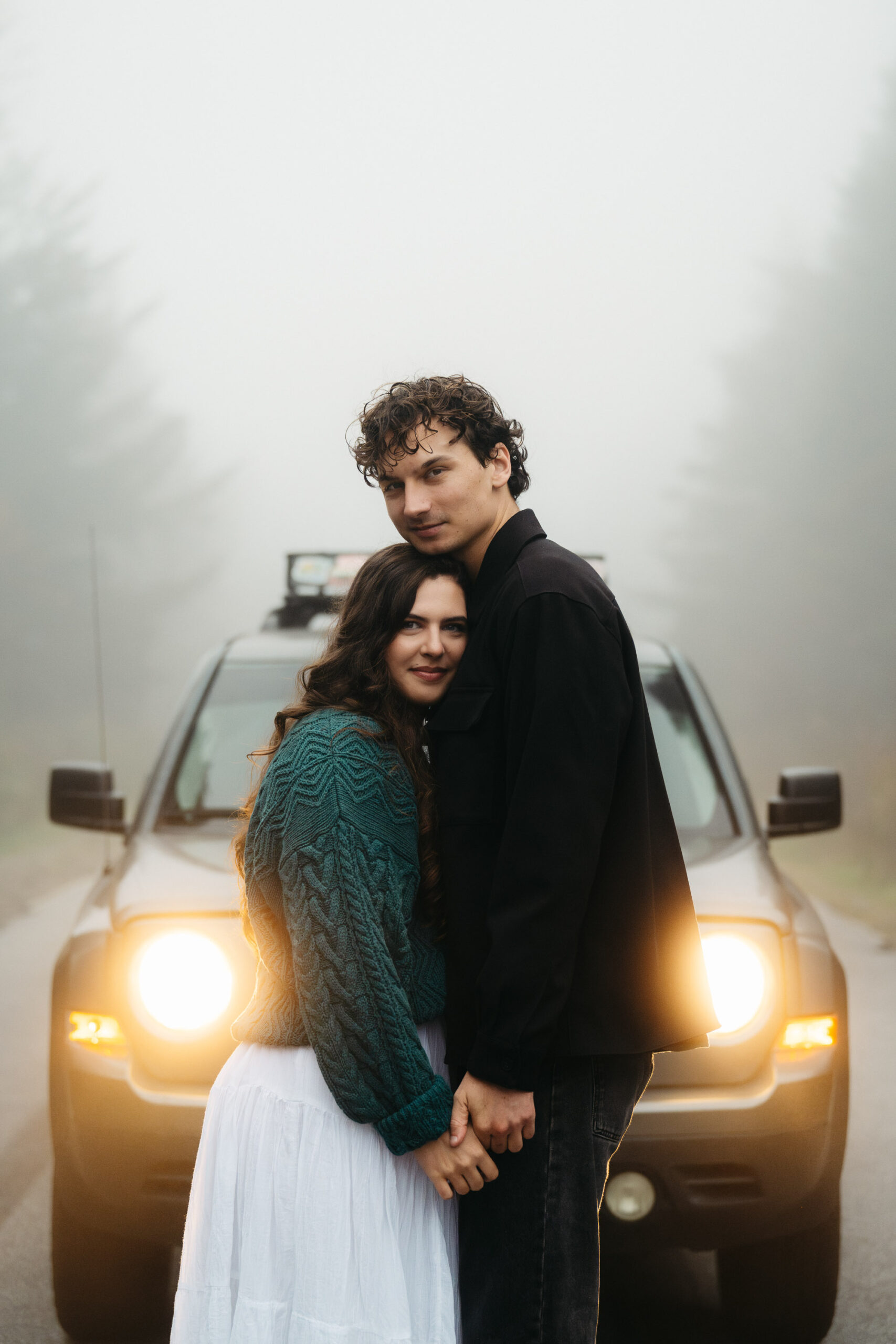 Moody foggy forest engagement session at Black Balsam Knob in Asheville NC